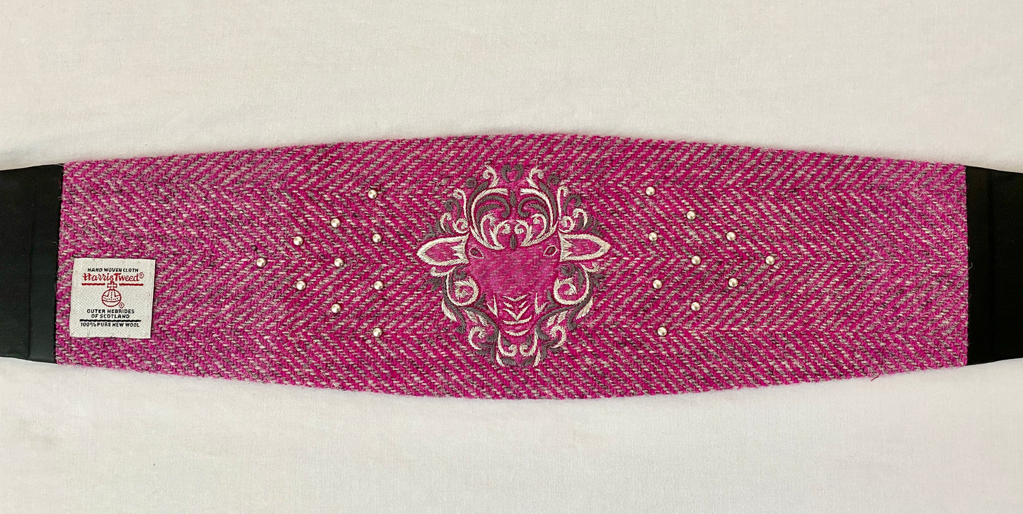 Lotus Belt with Pink & Gray Harris Tweed & Hand Embroidery - Fancy Sheep Face