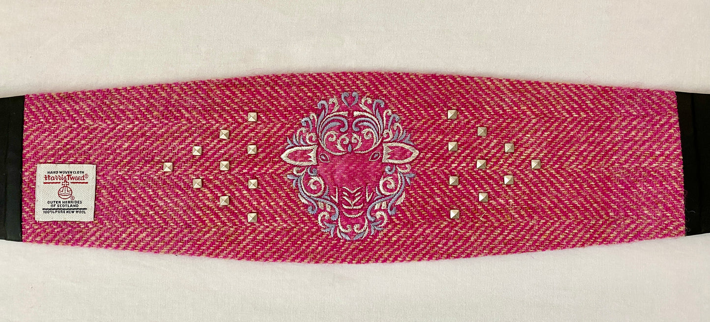 Lotus Belt with Pink Harris Tweed & Hand Embroidery - Fancy Sheep Face