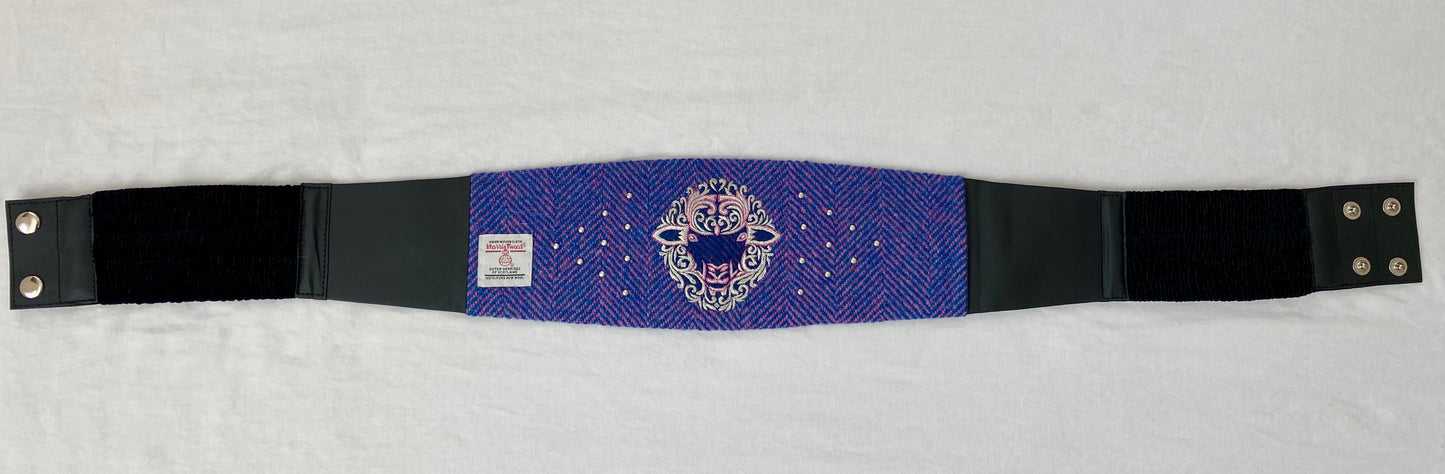 Lotus Belt with Blue & Pink Harris Tweed & Hand Embroidery - Fancy Sheep Face