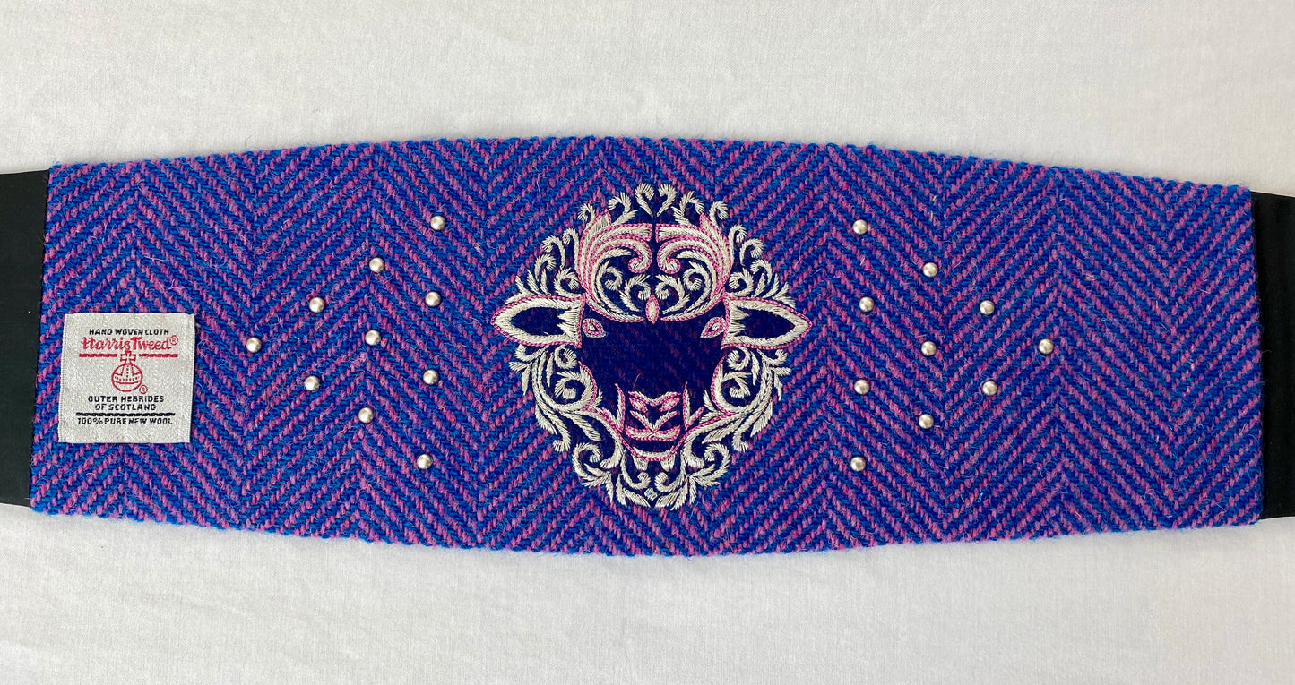 Lotus Belt with Blue & Pink Harris Tweed & Hand Embroidery - Fancy Sheep Face