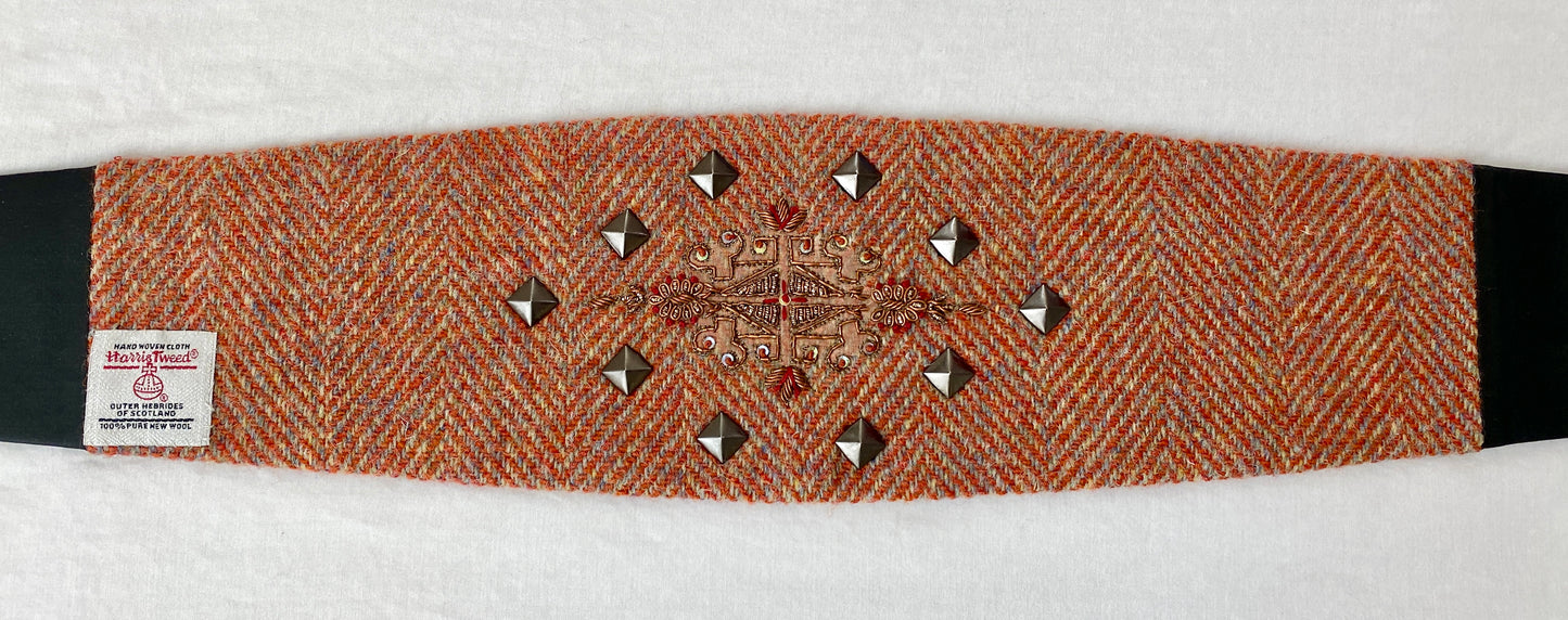 Lotus Belt with Harris Tweed & Hand Embroidery - Orange