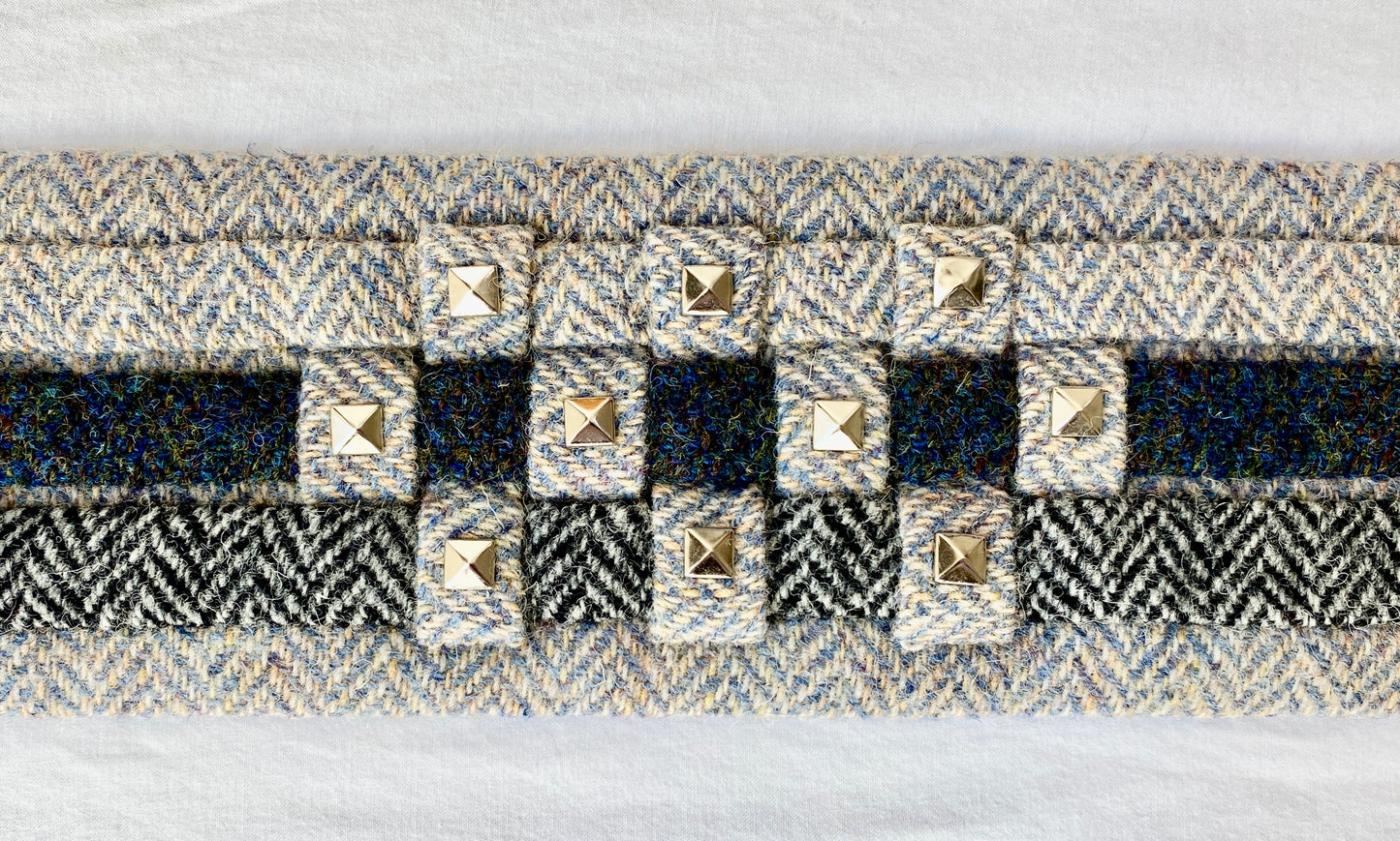 Lotus Belt with Woven Harris Tweed & Pyramid Studs - Light Blue Herringbone