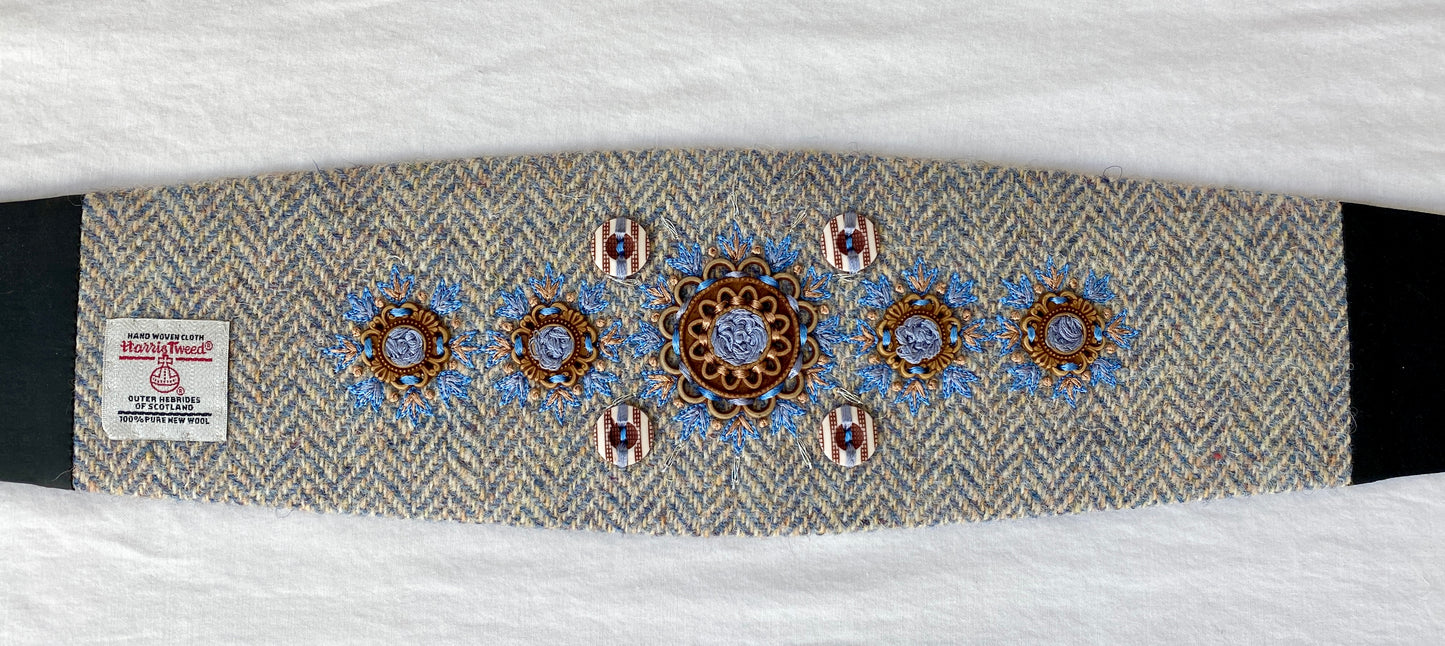 Lotus Belt with Harris Tweed & Hand Embroidery - Light Blue