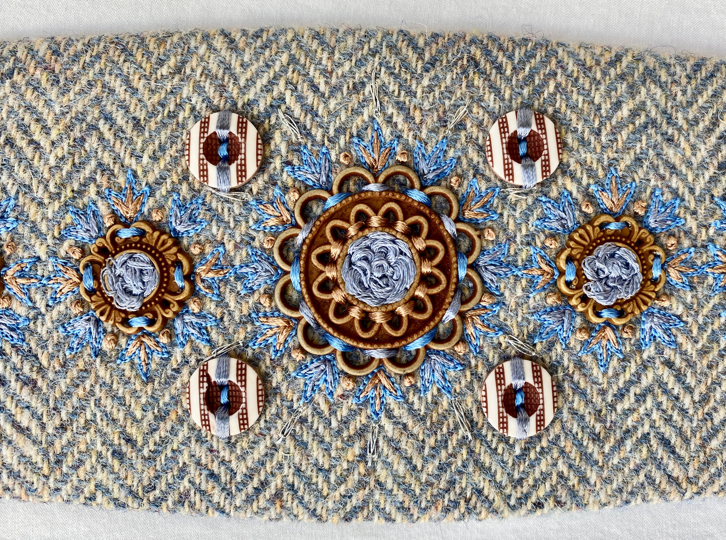 Lotus Belt with Harris Tweed & Hand Embroidery - Light Blue