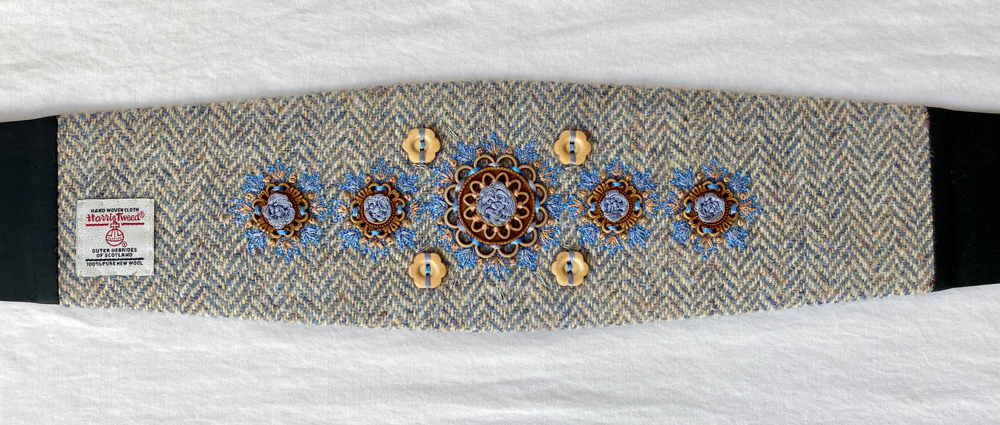 Lotus Belt with Harris Tweed & Hand Embroidery - Light Blue