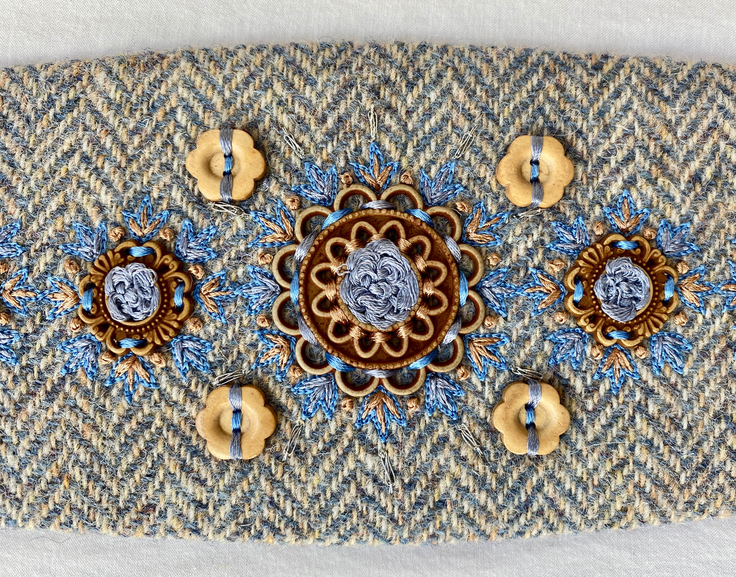 Lotus Belt with Harris Tweed & Hand Embroidery - Light Blue