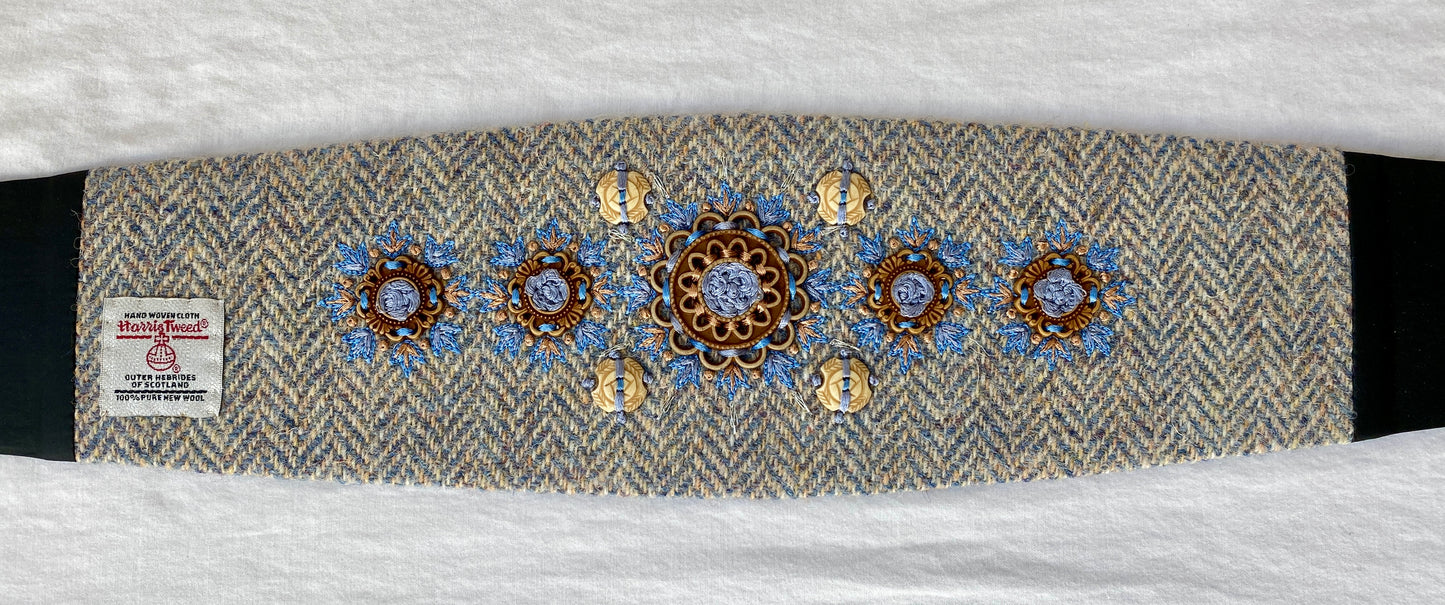 Lotus Belt with Harris Tweed & Hand Embroidery - Light Blue