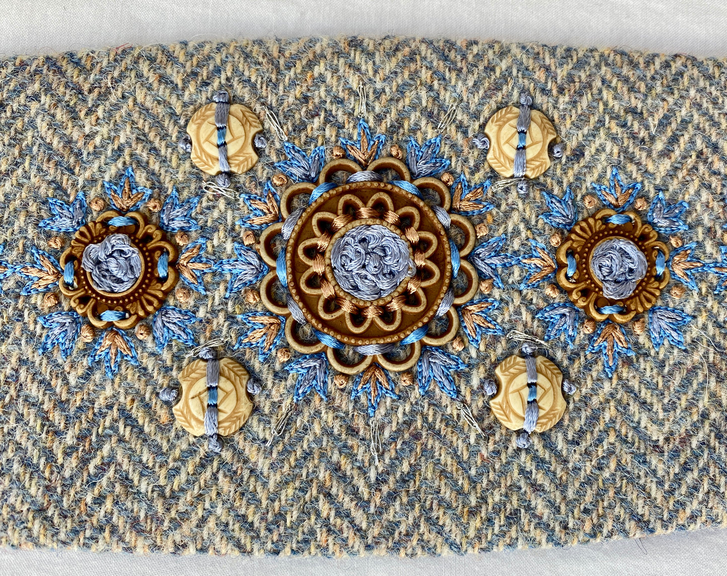 Lotus Belt with Harris Tweed & Hand Embroidery - Light Blue