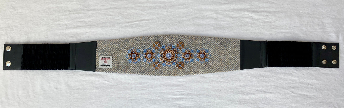 Lotus Belt with Harris Tweed & Hand Embroidery - Light Blue