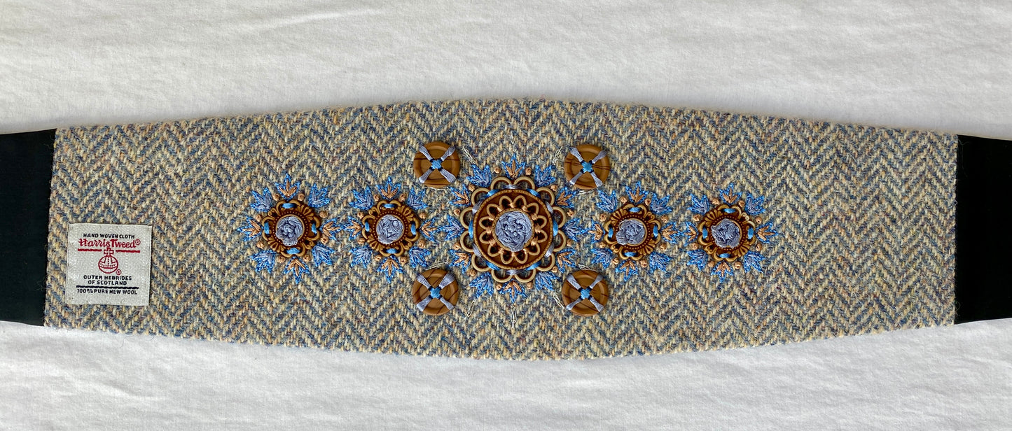 Lotus Belt with Harris Tweed & Hand Embroidery - Light Blue