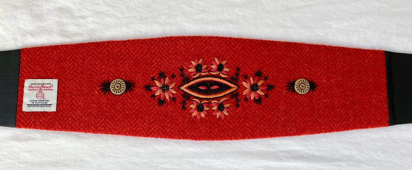 Lotus Belt with Harris Tweed & Leaf Hand Embroidery - Orange