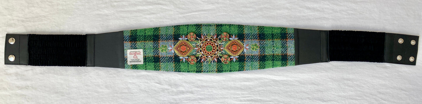 Lotus Belt with Harris Tweed & Superior Hand Embroidery - Green Plaid