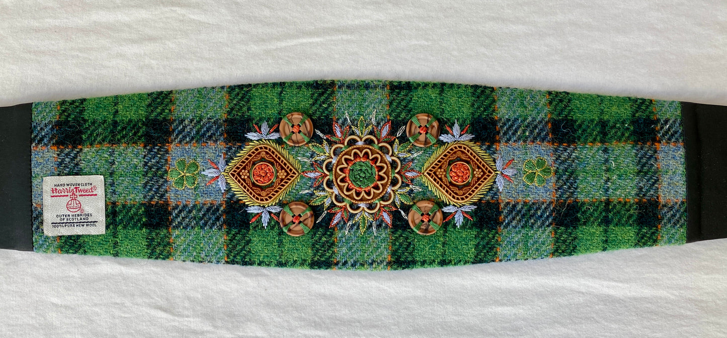 Lotus Belt with Harris Tweed & Superior Hand Embroidery - Green Plaid