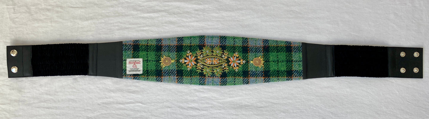 Lotus Belt with Harris Tweed & Intricate Hand Embroidery - Green Plaid