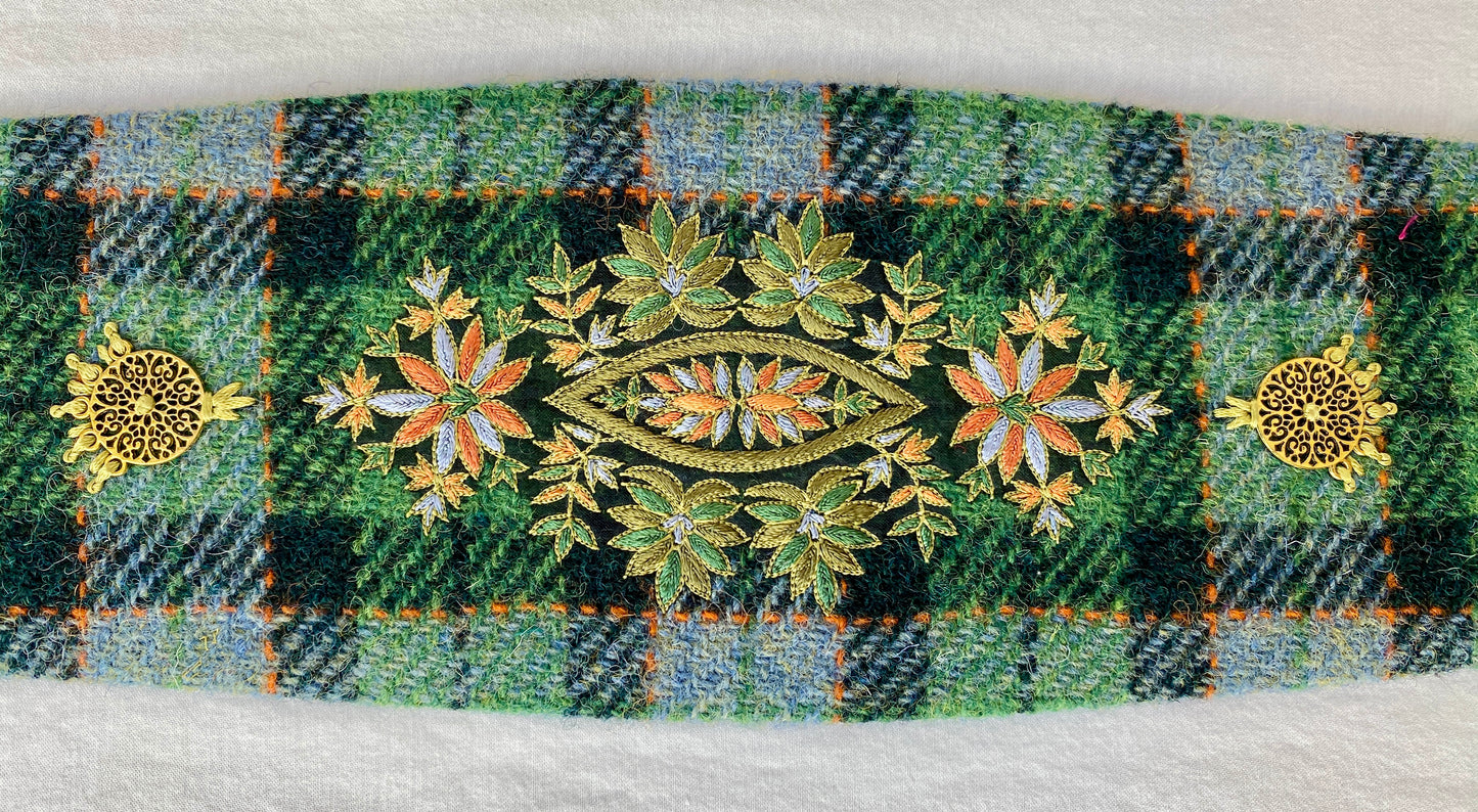 Lotus Belt with Harris Tweed & Intricate Hand Embroidery - Green Plaid