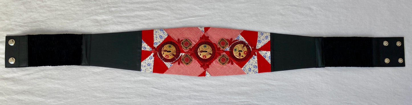 Lotus Belt with Antique Quilt Pieces and Hand Embroidery and Ornaments - Red, White & Blue