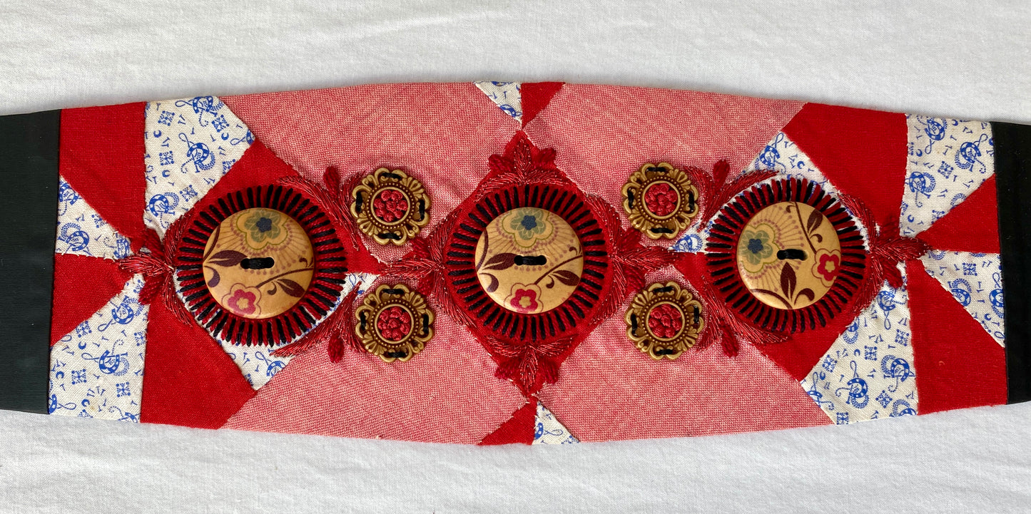 Lotus Belt with Antique Quilt Pieces and Hand Embroidery and Ornaments - Red, White & Blue