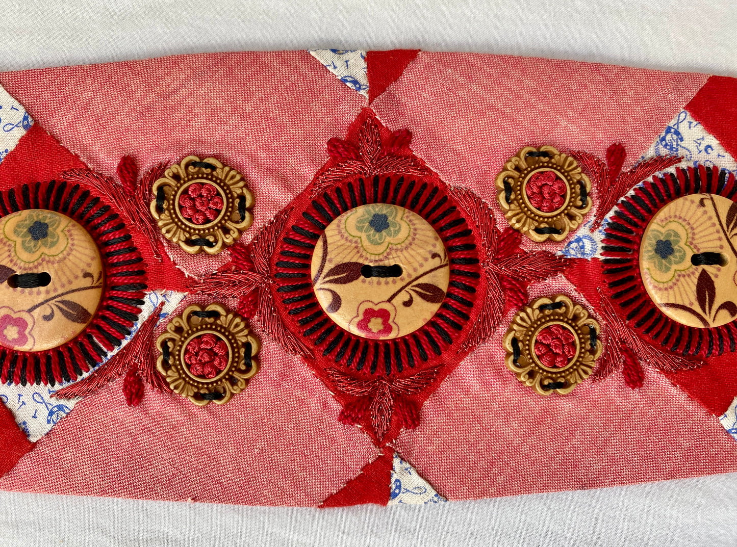 Lotus Belt with Antique Quilt Pieces and Hand Embroidery and Ornaments - Red, White & Blue