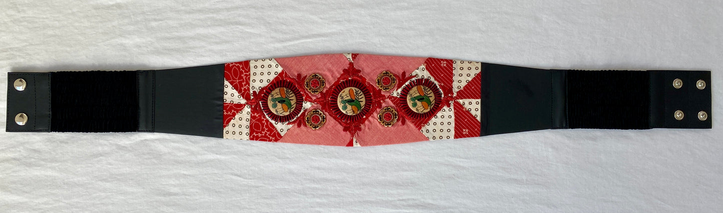 Lotus Belt with Antique Quilt Pieces and Hand Embroidery and Ornaments - Red, White & Blue