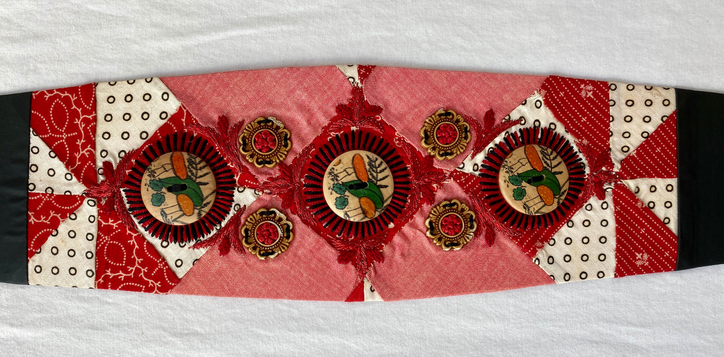 Lotus Belt with Antique Quilt Pieces and Hand Embroidery and Ornaments - Red, White & Blue