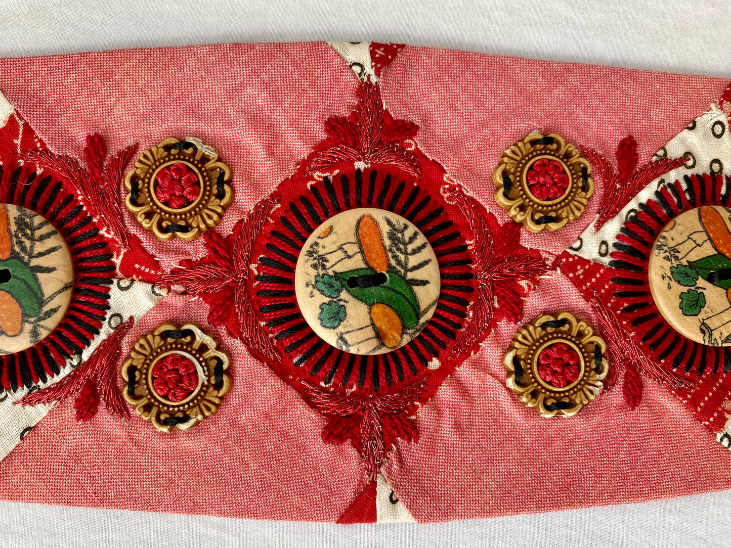 Lotus Belt with Antique Quilt Pieces and Hand Embroidery and Ornaments - Red, White & Blue