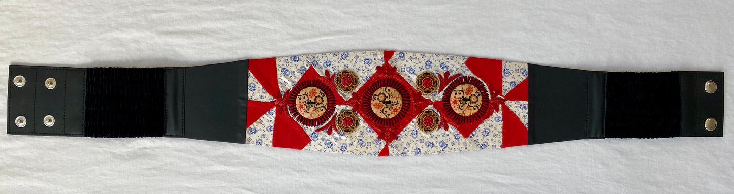 Lotus Belt with Antique Quilt Pieces and Hand Embroidery and Ornaments - Red, White & Blue