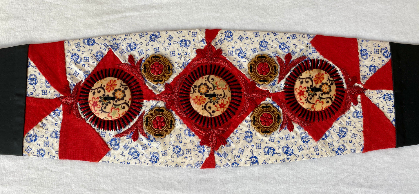 Lotus Belt with Antique Quilt Pieces and Hand Embroidery and Ornaments - Red, White & Blue