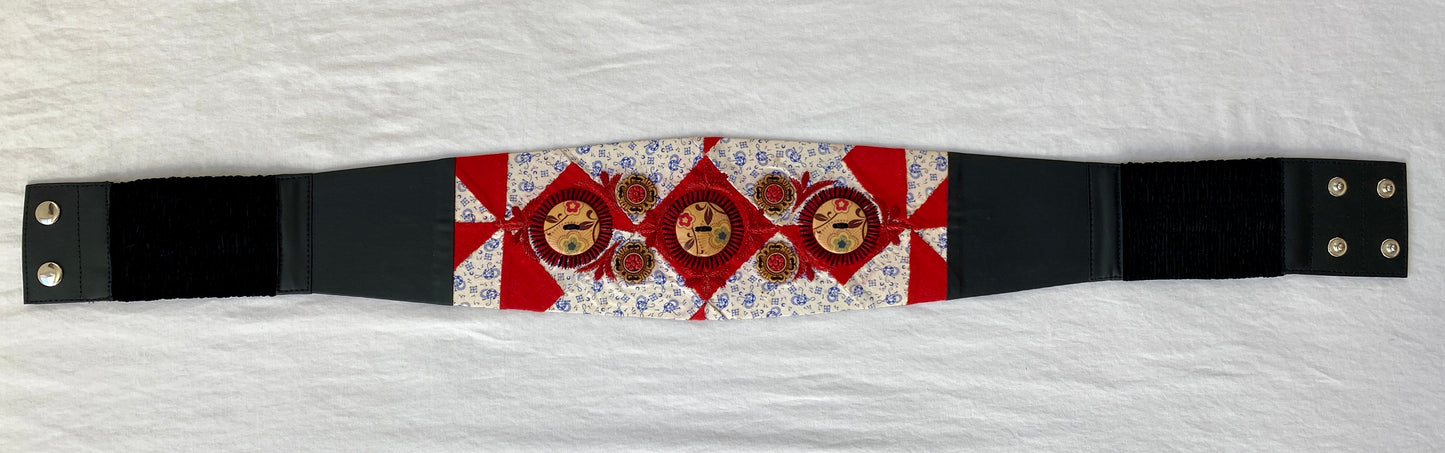 Lotus Belt with Antique Quilt Pieces and Hand Embroidery and Ornaments - Red, White & Blue