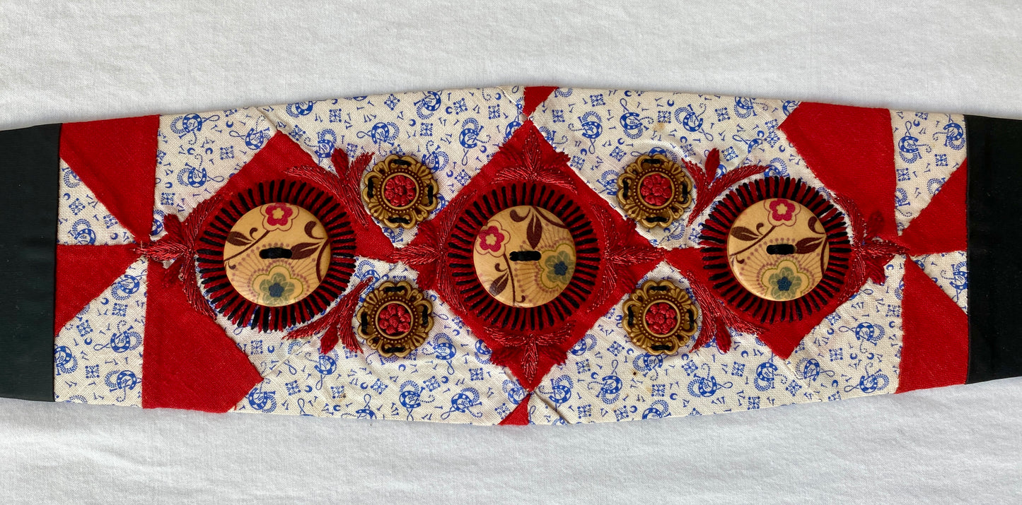 Lotus Belt with Antique Quilt Pieces and Hand Embroidery and Ornaments - Red, White & Blue