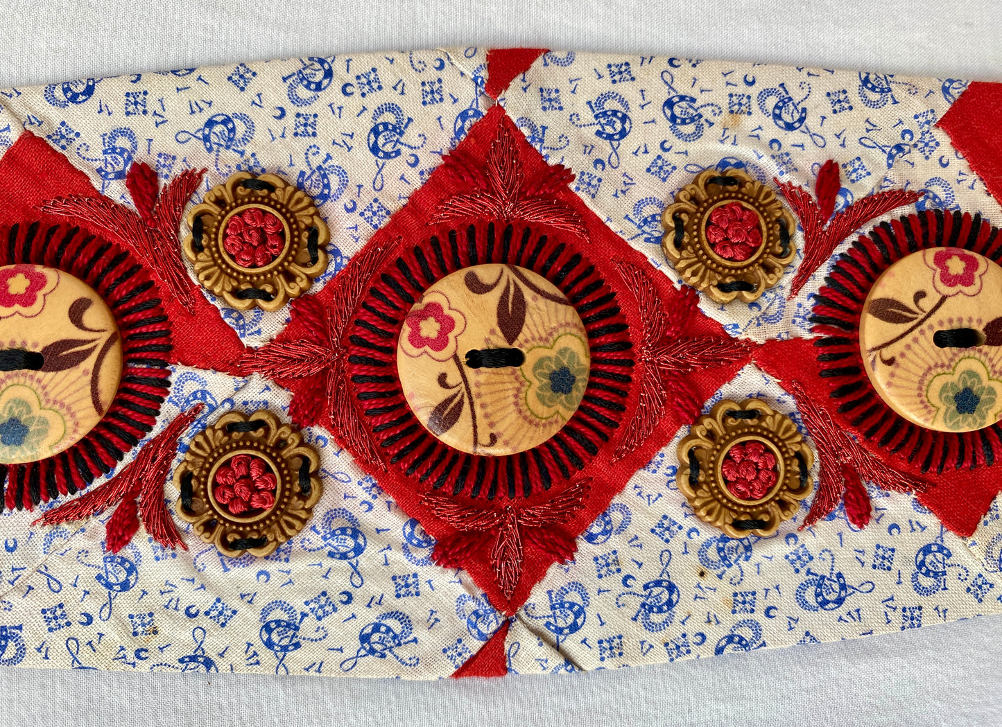 Lotus Belt with Antique Quilt Pieces and Hand Embroidery and Ornaments - Red, White & Blue