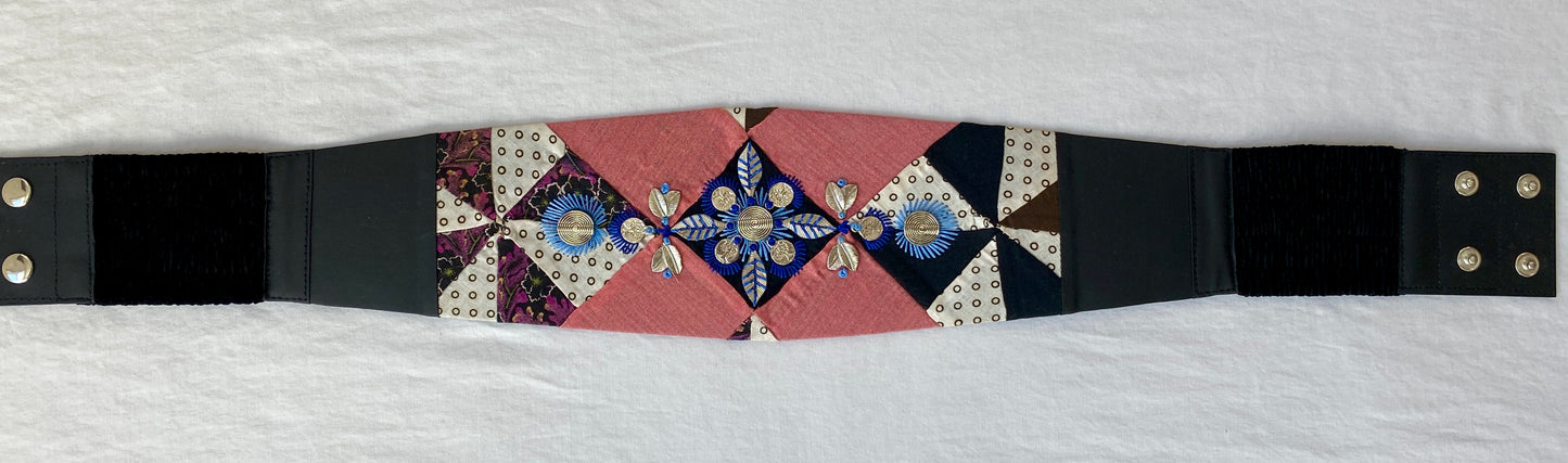 Lotus Belt with Antique Quilt Pieces and Hand Embroidery and Ornaments - Blue, Red & White