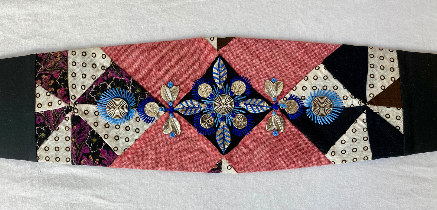 Lotus Belt with Antique Quilt Pieces and Hand Embroidery and Ornaments - Blue, Red & White