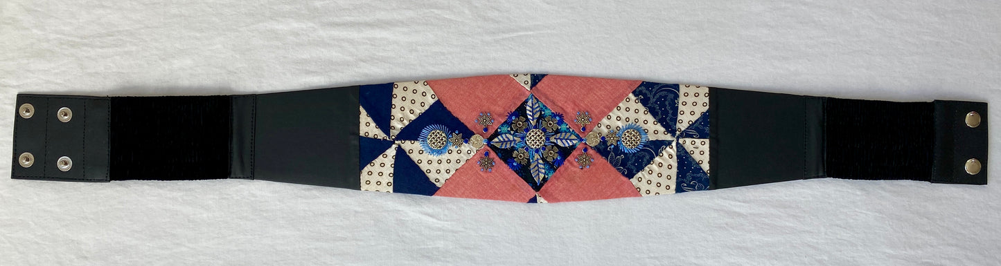 Lotus Belt with Antique Quilt Pieces and Hand Embroidery and Ornaments - Blue, Red & White