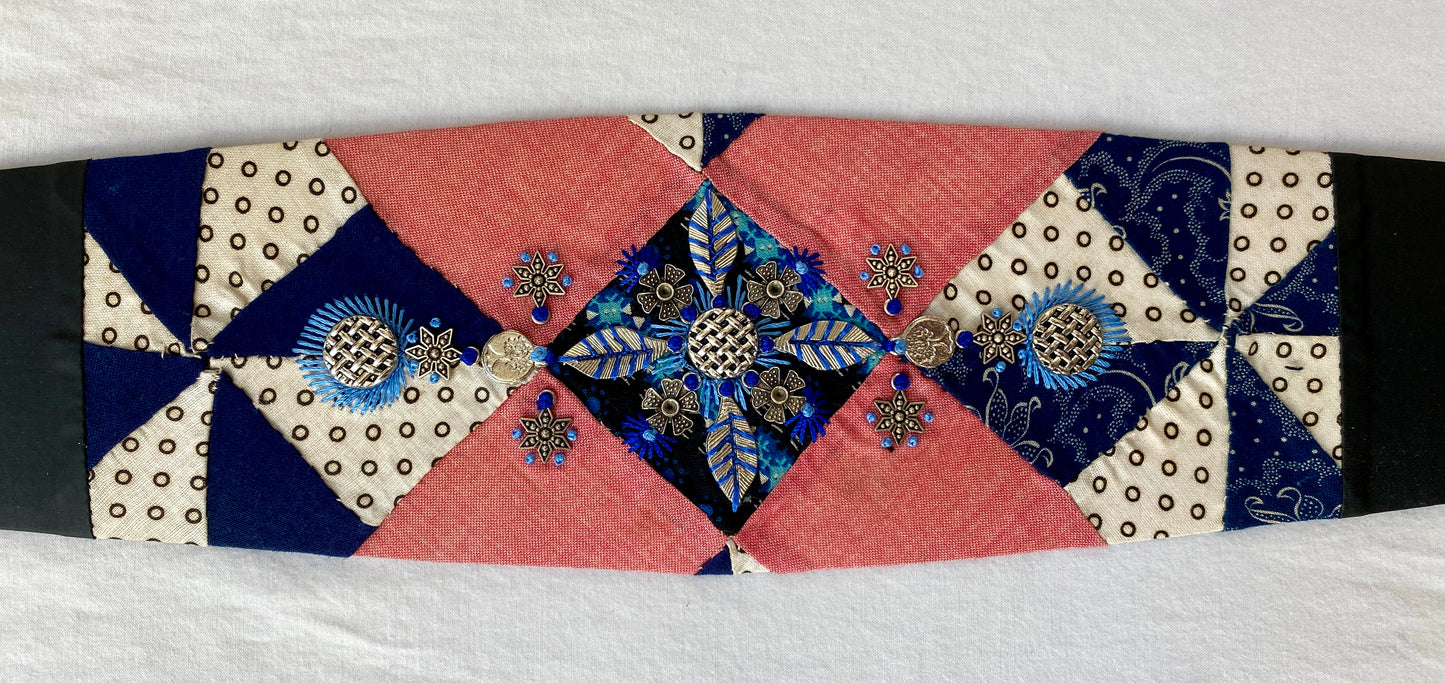 Lotus Belt with Antique Quilt Pieces and Hand Embroidery and Ornaments - Blue, Red & White