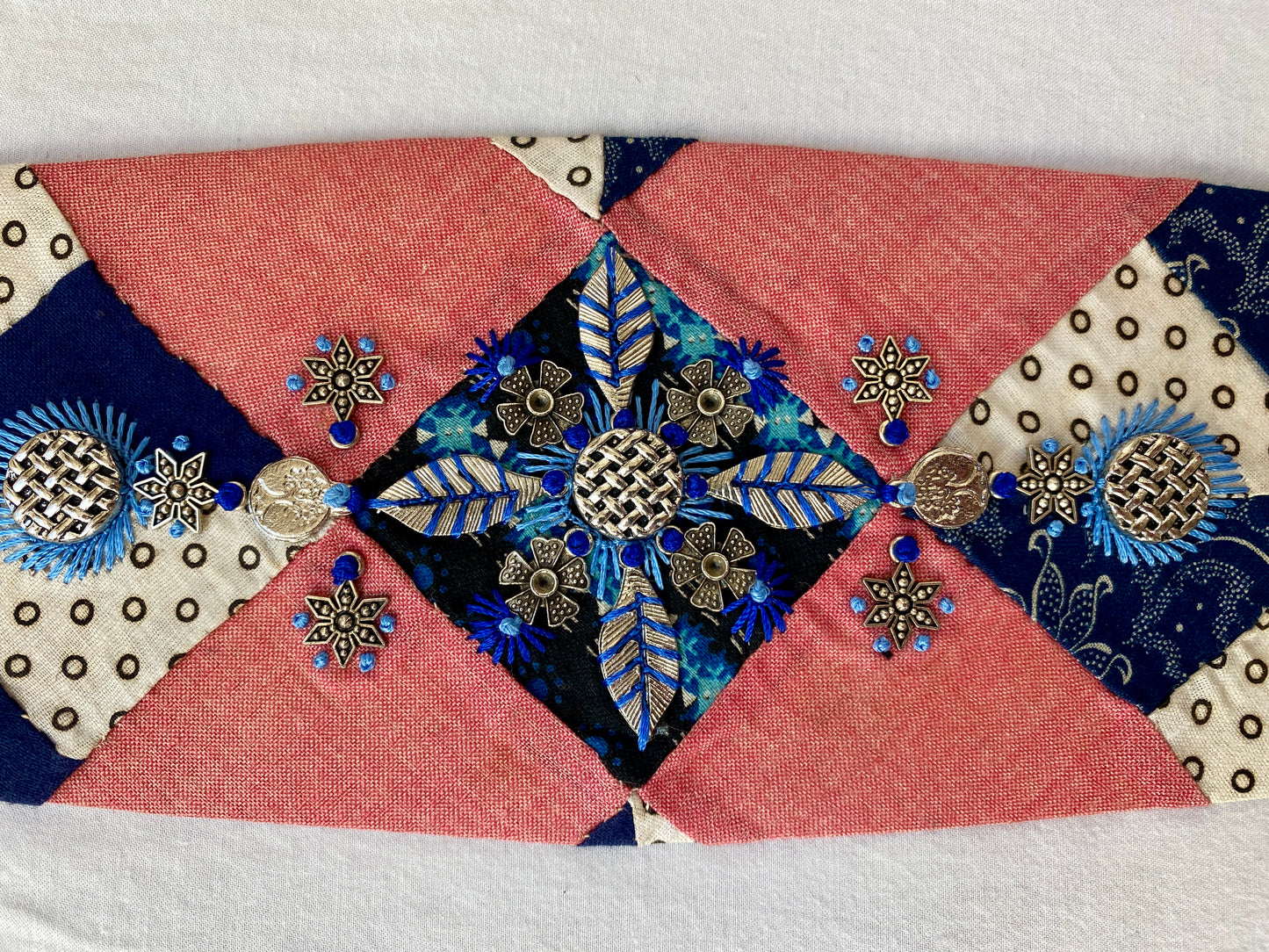 Lotus Belt with Antique Quilt Pieces and Hand Embroidery and Ornaments - Blue, Red & White