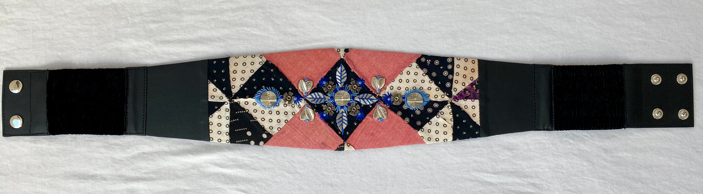 Lotus Belt with Antique Quilt Pieces and Hand Embroidery and Ornaments - Blue, Red & White