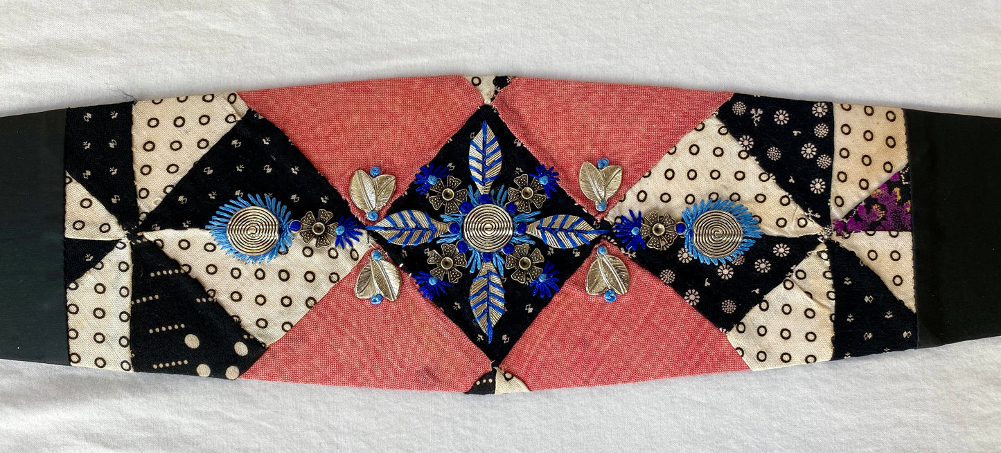 Lotus Belt with Antique Quilt Pieces and Hand Embroidery and Ornaments - Blue, Red & White