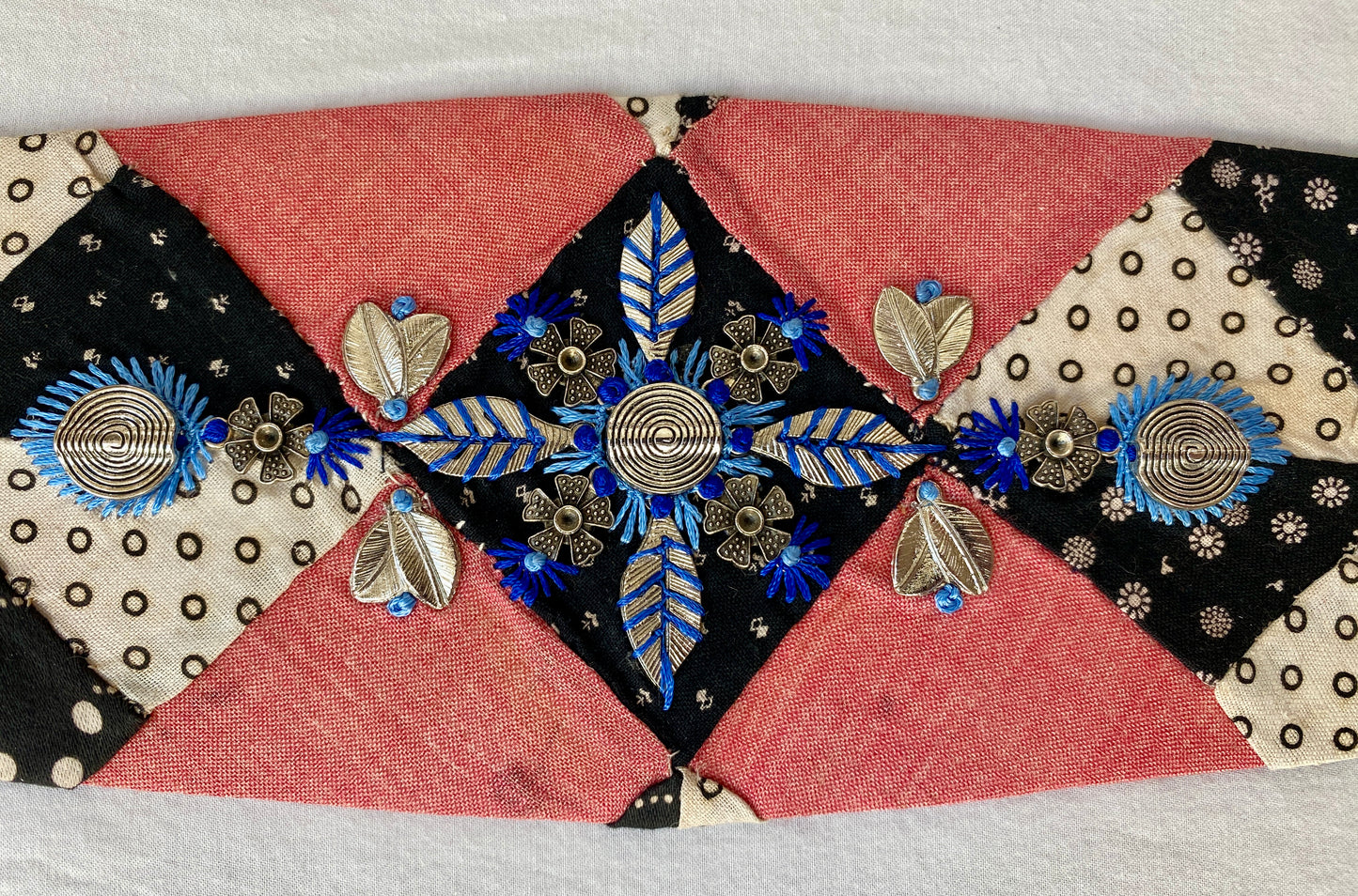 Lotus Belt with Antique Quilt Pieces and Hand Embroidery and Ornaments - Blue, Red & White