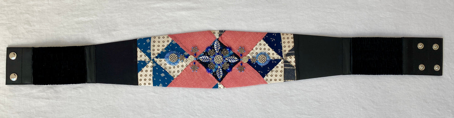 Lotus Belt with Antique Quilt Pieces and Hand Embroidery and Ornaments - Blue, Red & White