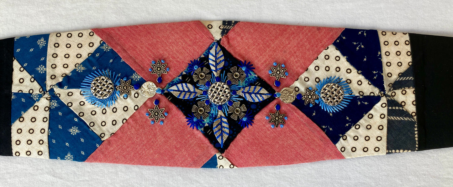 Lotus Belt with Antique Quilt Pieces and Hand Embroidery and Ornaments - Blue, Red & White