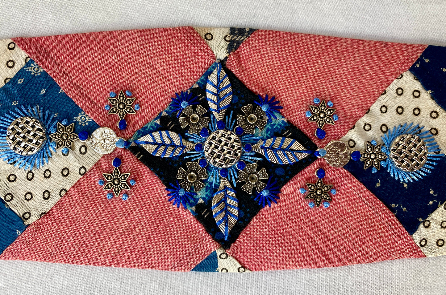 Lotus Belt with Antique Quilt Pieces and Hand Embroidery and Ornaments - Blue, Red & White