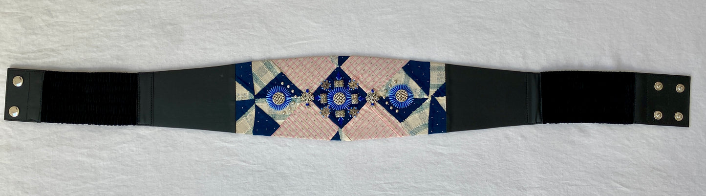 Lotus Belt with Antique Quilt Pieces and Hand Embroidery and Ornaments - Pink, White & Blue