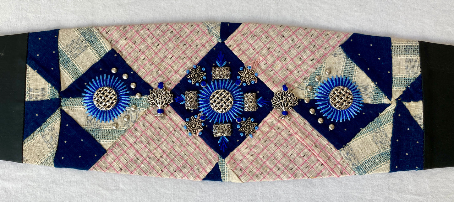 Lotus Belt with Antique Quilt Pieces and Hand Embroidery and Ornaments - Pink, White & Blue