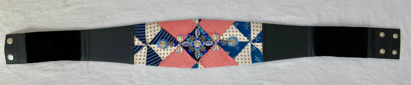 Lotus Belt with Antique Quilt Pieces and Hand Embroidery and Ornaments - Blue, Red & White