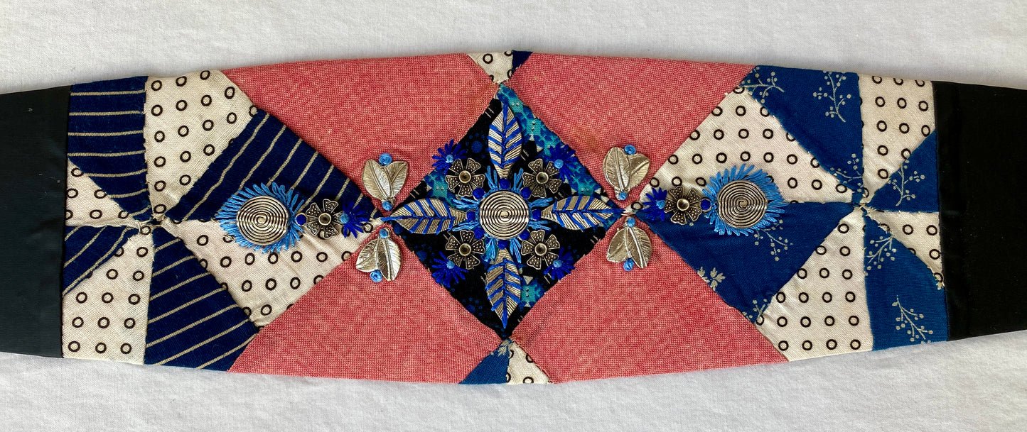 Lotus Belt with Antique Quilt Pieces and Hand Embroidery and Ornaments - Blue, Red & White