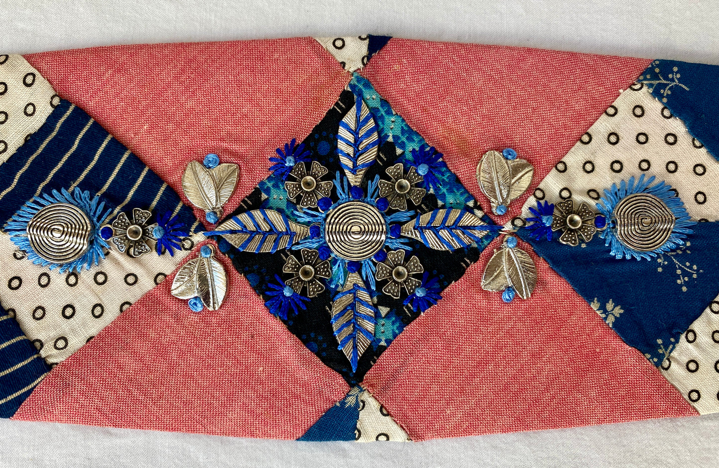 Lotus Belt with Antique Quilt Pieces and Hand Embroidery and Ornaments - Blue, Red & White