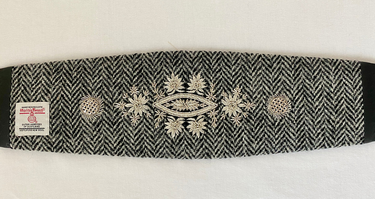 Lotus Belt with Harris Tweed & Silver Hand Embroidery - Black & White