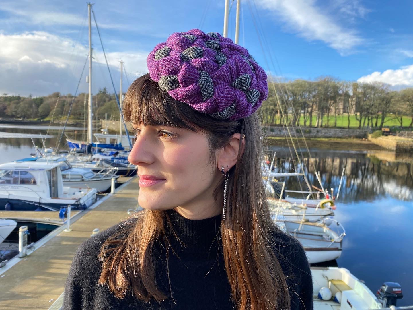 Woven Harris Tweed Hat in Purple and Black & White