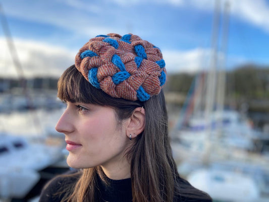 Woven Harris Tweed Hat in Orange Herringbone and Knitted Blue