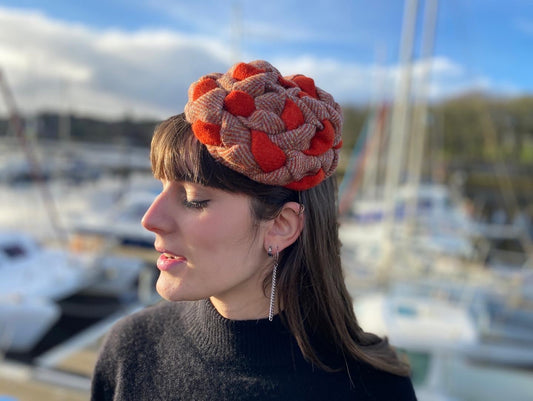 Woven Harris Tweed Hat in Orange Herringbone and Orange